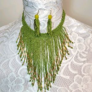 Green Seedbead Necklace and Earring Ser